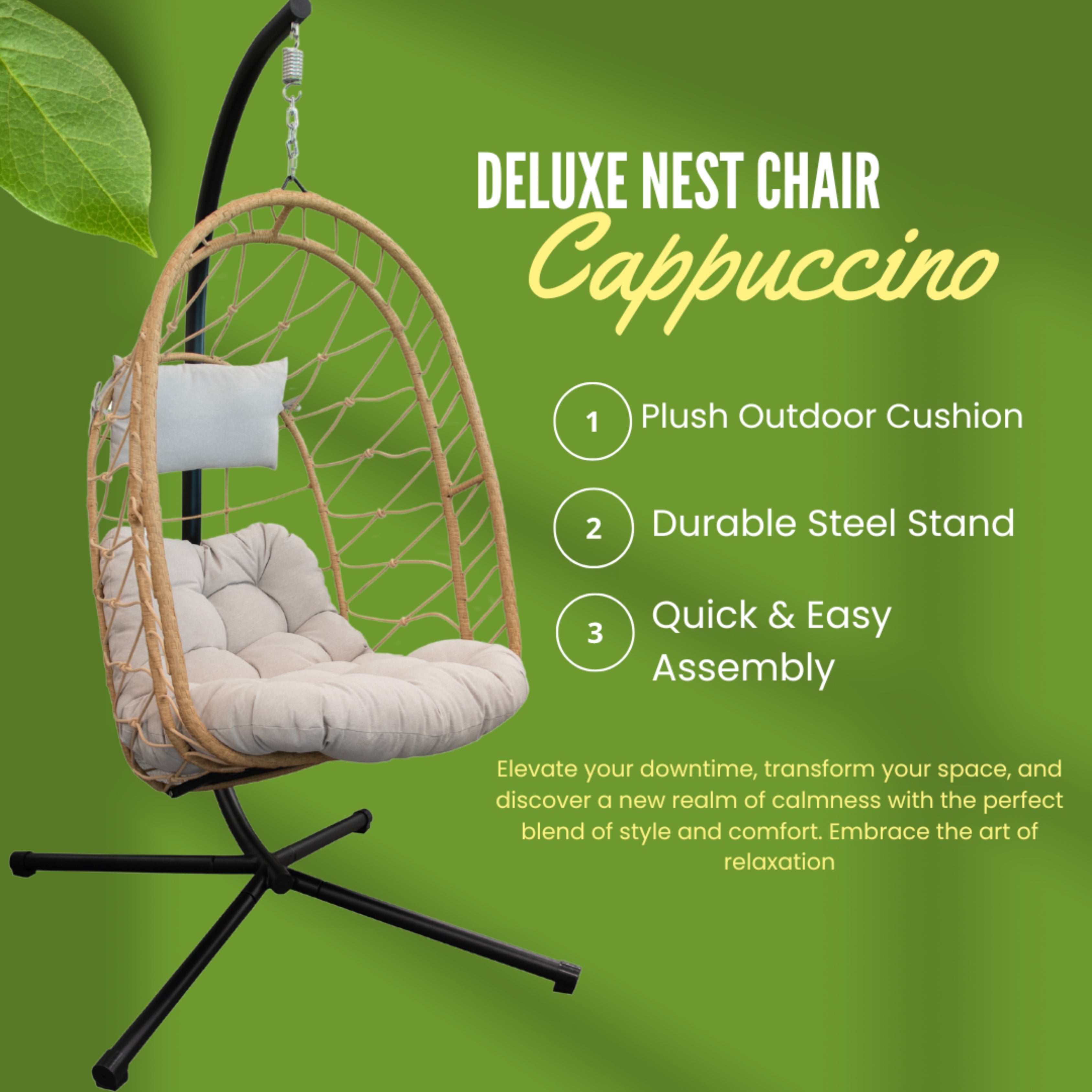 Deluxe Nest Chair with Phifer Geobella® Cushion & Steel Stand - Cappuccino