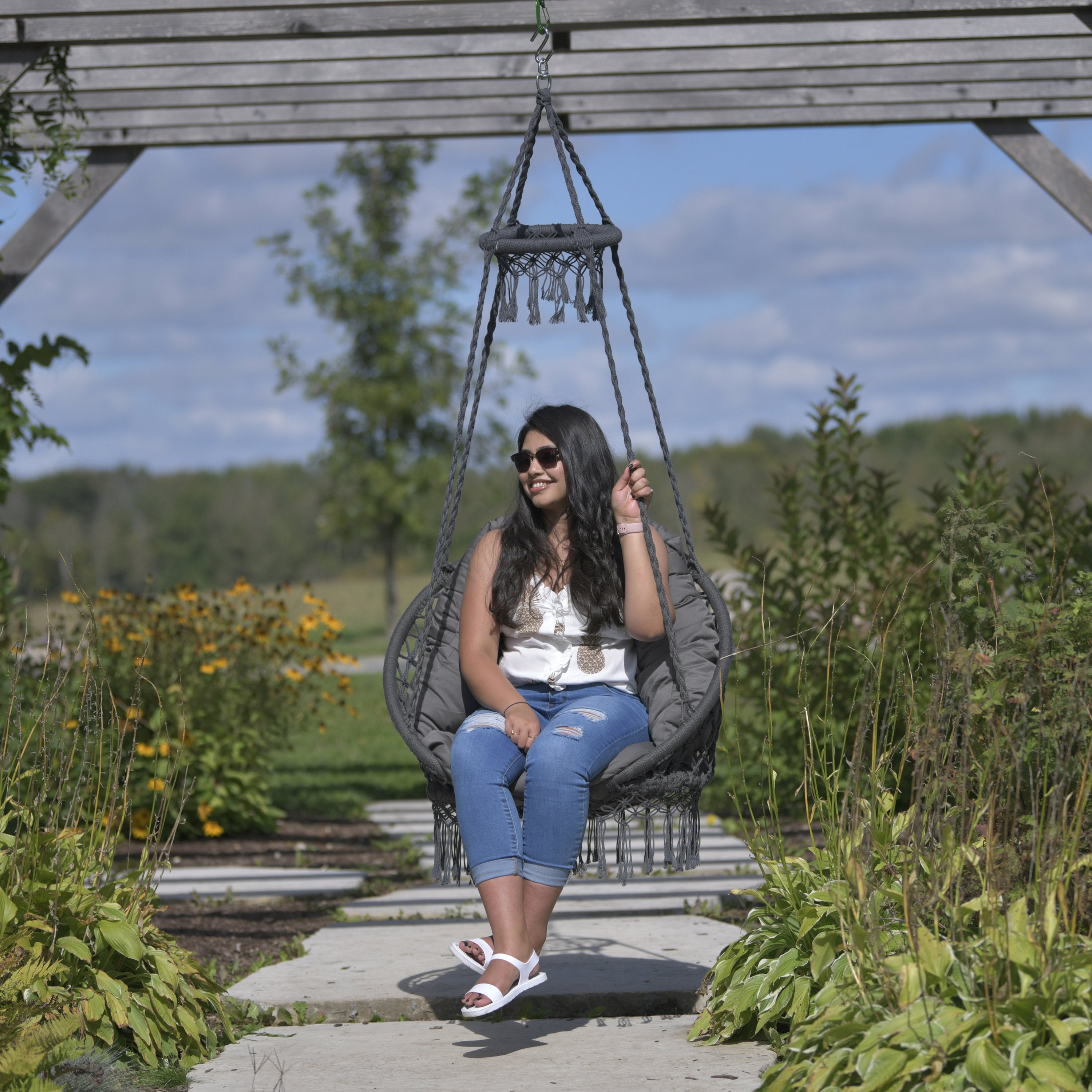 Deluxe Macrame Chair With Fringe - Fog Grey