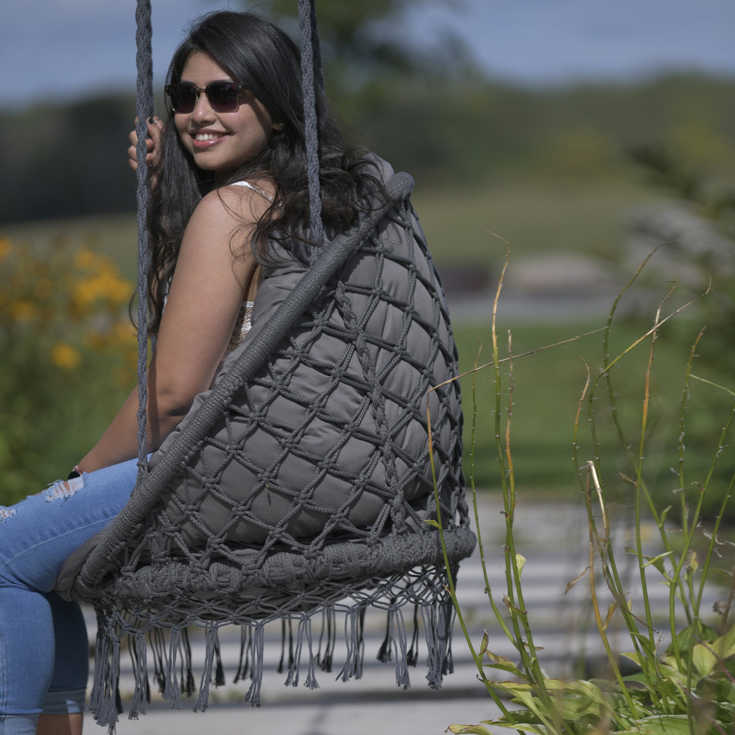 Deluxe Macrame Chair With Fringe - Fog Grey