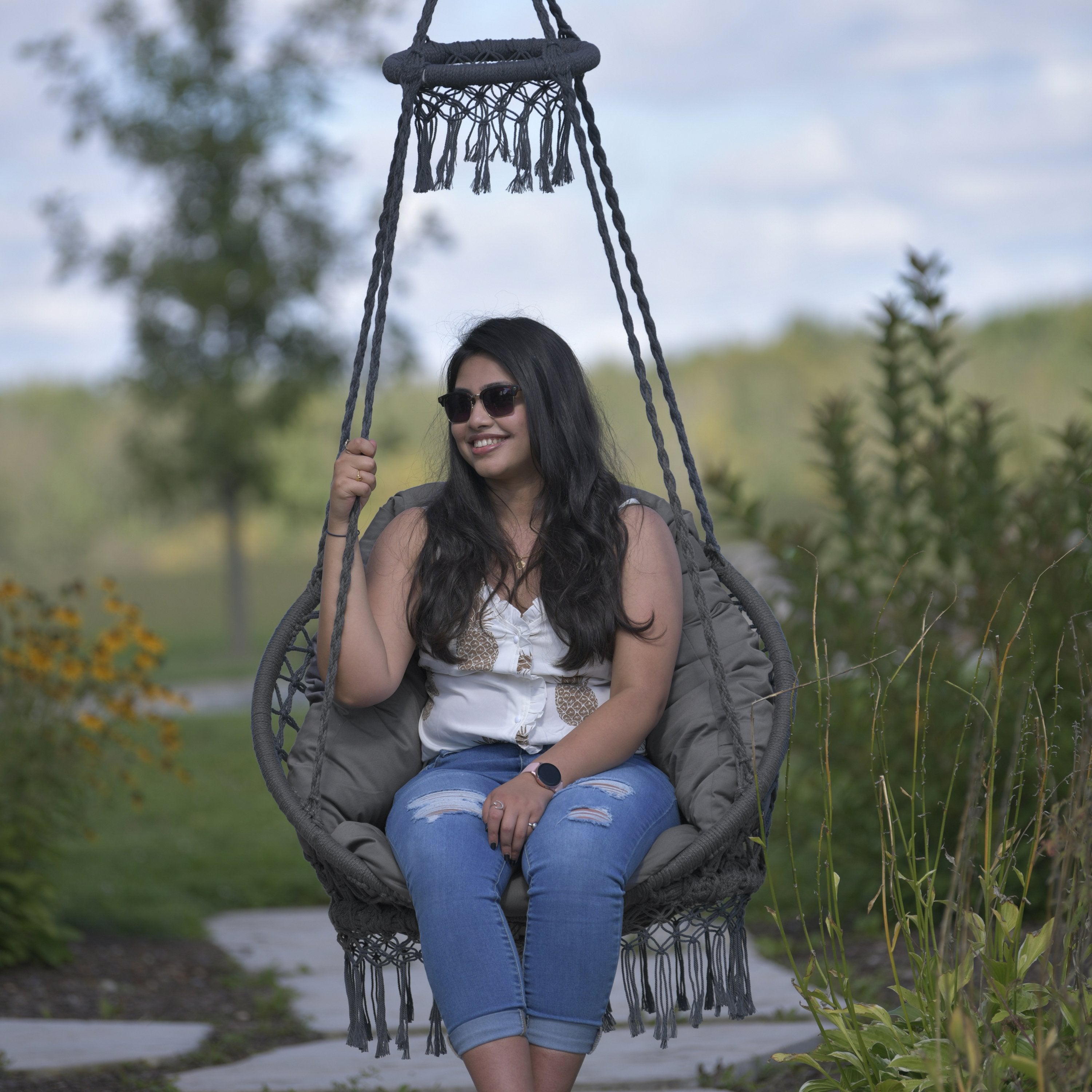 Deluxe Macrame Chair With Fringe - Fog Grey