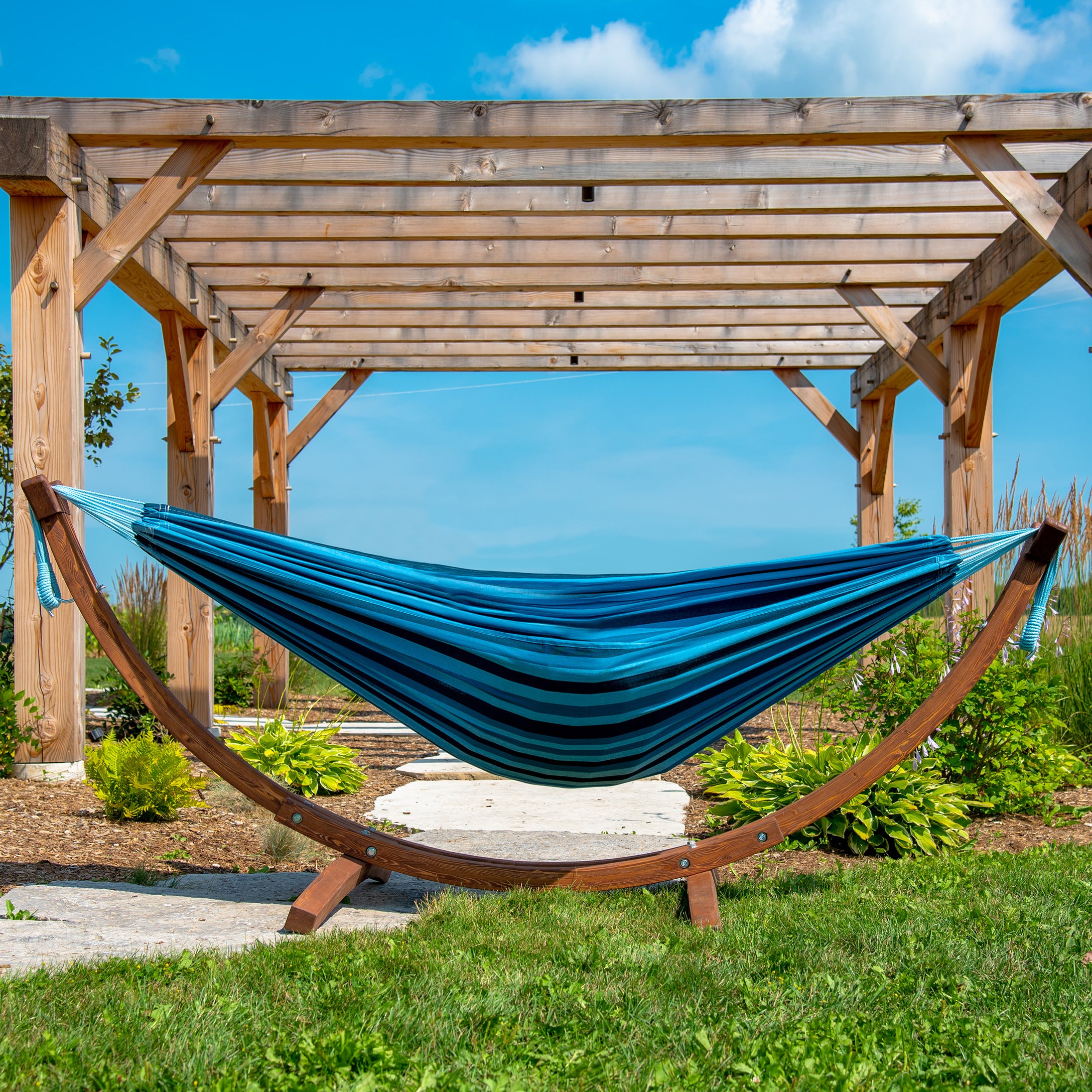 Double Cotton Hammock with Solid Pine Stand (8ft/260cm) - Blue