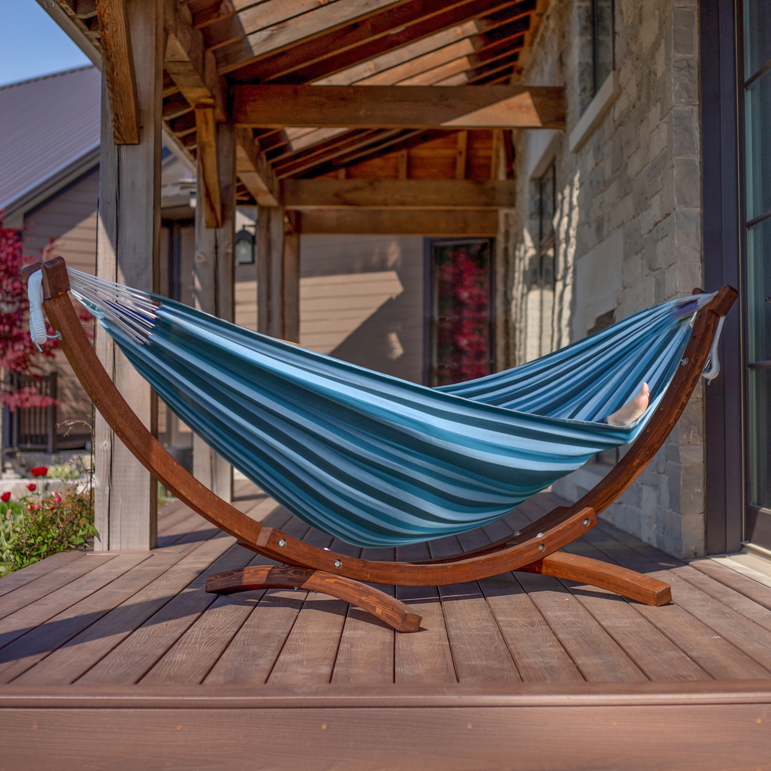Double Cotton Hammock with Solid Pine Stand (8ft/260cm) - Blue